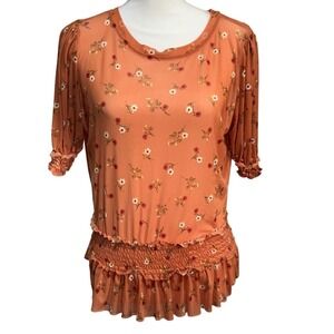 Haute Monde Floral Print Smocked Ruffle Hem Top Blouse Orange Women's